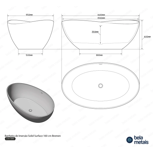 Produto Banheira de Imersão Solid Surface 160 cm (Bremen Branca)