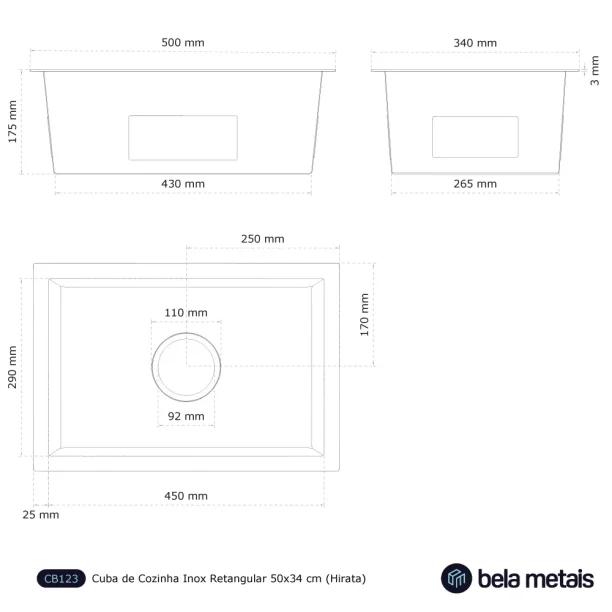 Cuba de Cozinha Inox Retangular 50x34 cm (Hirata Preta Fosca) Produto Cuba de Cozinha Inox Retangular 50x34 cm (Hirata Preta Fosca)
