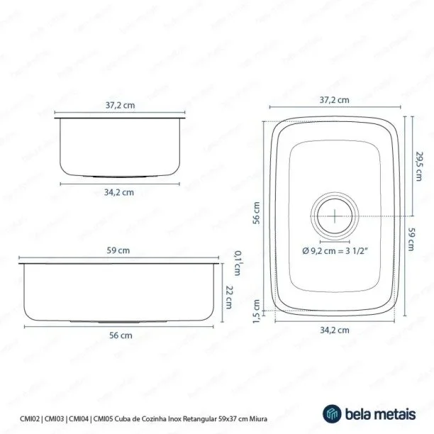 Cuba de Cozinha Inox Retangular 59x37 cm (Miura Grafite Fosca) - Outlet Produto Cuba de Cozinha Inox Retangular 59x37 cm (Miura Grafite Fosca) - Outlet