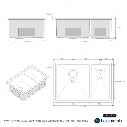 Cuba Dupla de Cozinha Inox Retangular 73x50 cm (Kai Escovada