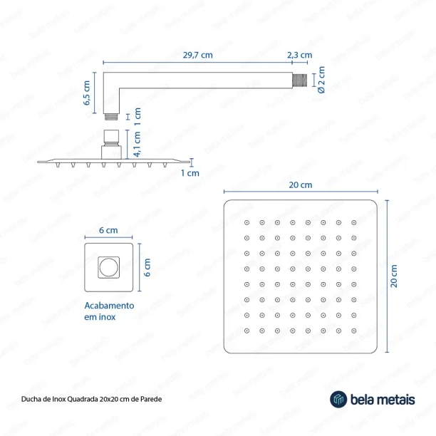 Ducha de Inox Quadrada 20x20 cm de Parede (Cromada) - Outlet Produto Ducha de Inox Quadrada 20x20 cm de Parede (Cromada) - Outlet