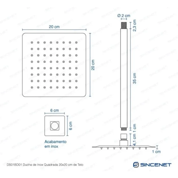 Ducha de Inox Quadrada 20x20 cm de Teto (Cromada) - Outlet Produto Ducha de Inox Quadrada 20x20 cm de Teto (Cromada) - Outlet