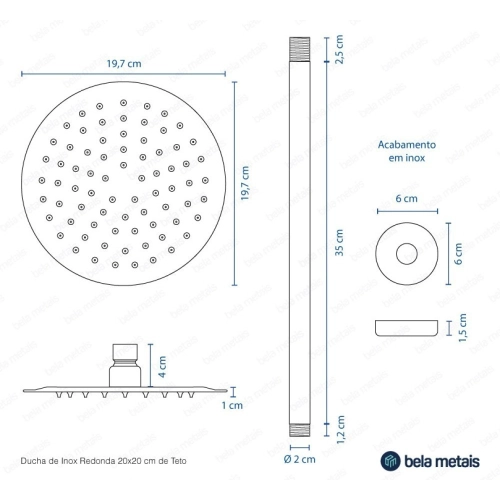 Produto Ducha de Inox Redonda 20 cm de Teto (Escovada)