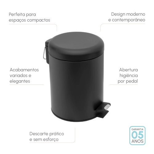 Produto Lixeira Redonda com Pedal 5 Litros (Preta Fosca)