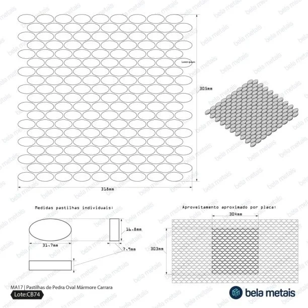 Pastilhas de Pedra Oval (Mármore Carrara) - Outlet Produto Pastilhas de Pedra Oval (Mármore Carrara) - Outlet