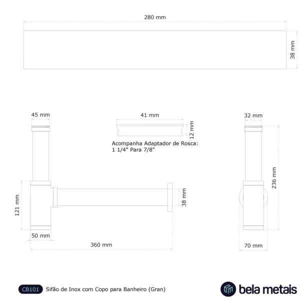 Sifão de Inox com Copo para Banheiro (Gran Preto Fosco) Produto Sifão de Inox com Copo para Banheiro (Gran Preto Fosco)
