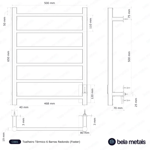 Produto Toalheiro Térmico Inox 6 Barras Redondo (Foster Ouro Fosco)