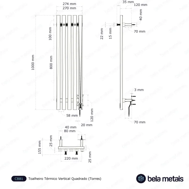 Toalheiro Térmico Inox Vertical Quadrado (Torres Preto Fosco) Produto Toalheiro Térmico Inox Vertical Quadrado (Torres Preto Fosco)