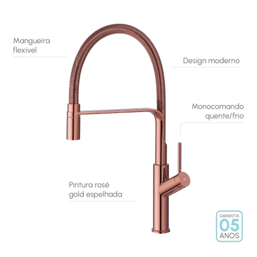 Torneira Monocomando Gourmet de Cozinha (Venice Rosé Gold) | Bela