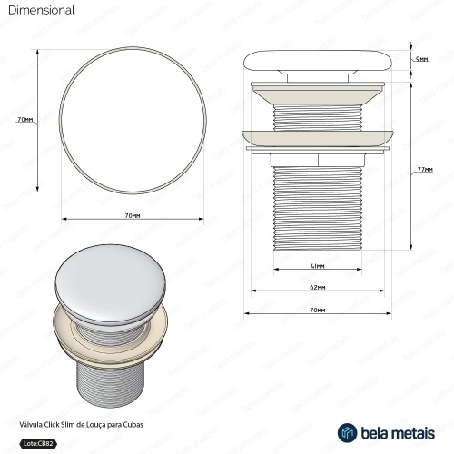 Válvula Click Slim de Louça para Cubas (Branca) Produto Válvula Click Slim de Louça para Cubas (Branca)
