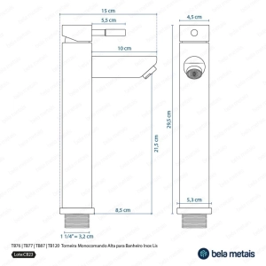 Torneira Monocomando Alta para Banheiro Inox (Lis Preta Fosca)