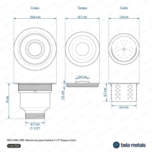 V&aacute;lvula Inox para Cozinha 4 1/2" Tampa e Cesto (Preta Fosca)