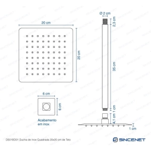 Ducha de Inox Quadrada 20x20 cm de Teto (Cromada)