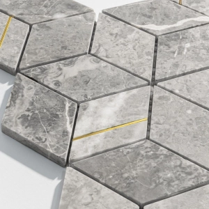 Pastilhas de Pedra Cubo (M&aacute;rmore Ocean Grey e Dourado)