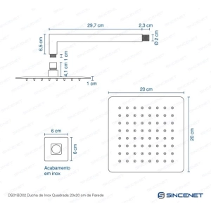 Ducha de Inox Quadrada 20x20 cm de Parede (Cromada)