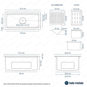 Escorredor Embutido Calha Molhada Inox 26x41 cm (Escovado)