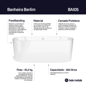 Banheira de Imers&atilde;o Acr&iacute;lica 170 cm (Berlim Branca)
