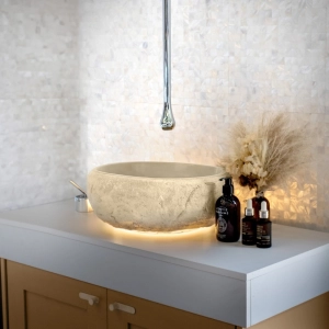 Cuba de Banheiro Concreto Apoio Rocha 37 cm com LED (Kivi Travertino)