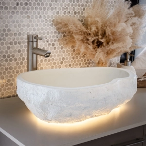 Cuba de Banheiro Concreto Apoio Rocha 57 cm com LED (Sten Off White)