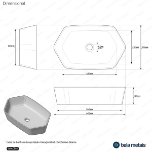 Cuba de Banheiro Louça Apoio Hexagonal 62 cm (Córdova Branca)