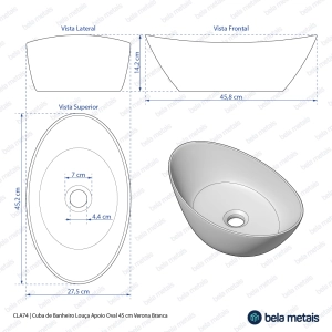 Cuba de Banheiro Lou&ccedil;a Apoio Oval 45 cm (Verona Branca)