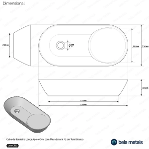 Cuba de Banheiro Louça Apoio Oval com Mesa Lateral 72 cm (Terni Branca)