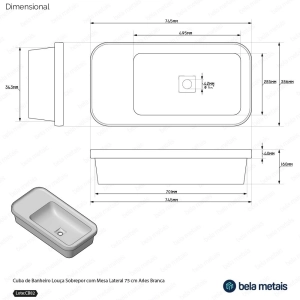 Cuba de Banheiro Louça Sobrepor com Mesa Lateral 75 cm (Arles Branca)