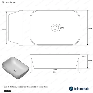 Cuba de Banheiro Louça Sobrepor Retangular 53 cm (Cannes Branca)