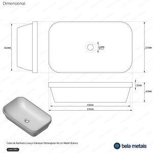 Cuba de Banheiro Louça Sobrepor Retangular 60 cm (Madri Branca)