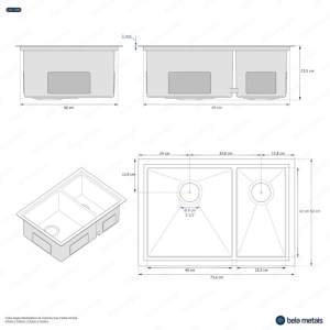 Cuba Dupla de Cozinha Inox Retangular 73x50 cm (Kai Dourada Fosca)