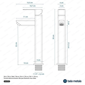 Torneira Monocomando Alta para Banheiro Inox (Adda Dourada Fosca)