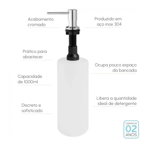 Dosador para Detergente Embutido Inox 1000 ml (Flat Cromado)