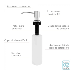 Dosador para Detergente Embutido Inox 500 ml (Basic Cromado)