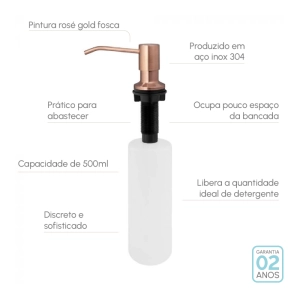 Dosador para Detergente Embutido Inox 500 ml (Basic Ros&eacute; Gold Fosco)