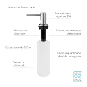 Dosador para Detergente Embutido Inox 500 ml (Flat Cromado)