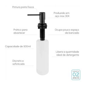 Dosador para Detergente Embutido Inox 500 ml (Flat Preto Fosco)