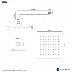 Ducha de Inox Quadrada 20x20 cm de Parede (Dourada)