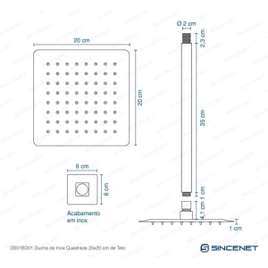 Ducha de Inox Quadrada 20x20 cm de Teto (Cromada) - Outlet