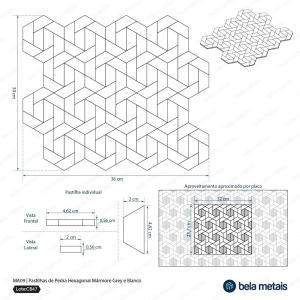 Pastilhas de Pedra Hexagonal (M&aacute;rmore Grey e Bianco)