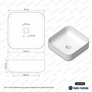 Cuba de Banheiro Louça Apoio Quadrada 39 cm (Treviso Branca Fosca)