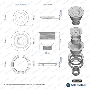 V&aacute;lvula Inox para Cuba Fazenda 4 1/2"  Tampa e Cesto (Preta)