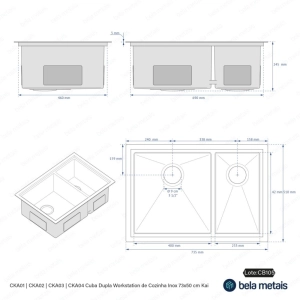 Kit Cuba Dupla Workstation Inox com Acessórios (Kai Grafite Fosca)