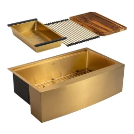 Produto Kit Cuba Fazenda Workstation Inox com Acessórios (Narita Dourada Fosca)