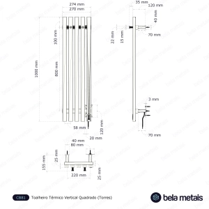 Toalheiro T&eacute;rmico Vertical Quadrado (Torres Cromado)