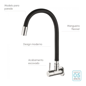 Torneira Gourmet de Parede de Cozinha Inox (Laguna Preta Fosca)
