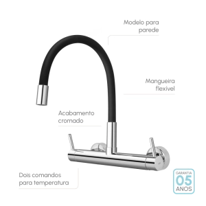 Torneira Misturador Gourmet de Parede de Cozinha (Viana Preta)
