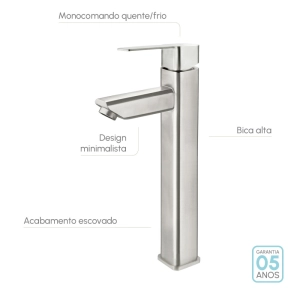 Torneira Monocomando Alta para Banheiro Inox (Adda Escovada)
