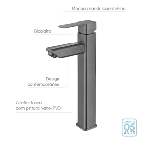 Torneira Monocomando Alta para Banheiro Inox (Adda Grafite Fosca)