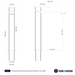 Torneira Monocomando Alta para Banheiro Inox (Bell Ouro Fosca)