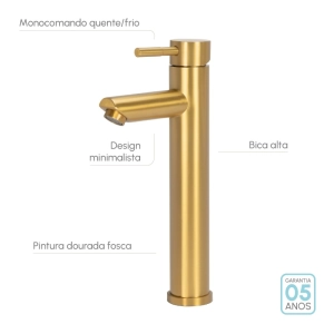 Torneira Monocomando Alta para Banheiro Inox (Lis Dourada Fosca)